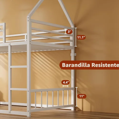 Miniatura 2 de LIKIMIO - Litera de tamaño individual sobre individual, estructura de cama litera con escalera y barandilla, en forma de casa con listones de metal