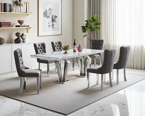 Miniatura 12 de Juego de mesa de comedor de mármol sintético, 7 piezas, juego de mesa de cocina y comedor para 6, mesa de comedor rectangular blanca de 70 pulgadas