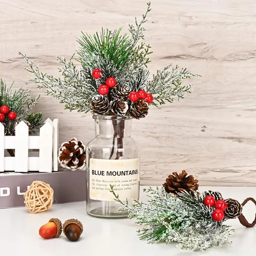 Miniatura 5 de FRAMICS Juego de 6 servilleteros de Navidad, servilleteros con cono de pino nevado con bayas rojas, hebilla de servilleta de bayas para Navidad