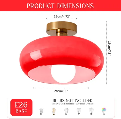 Miniatura 2 de Lámpara de techo vintage de vidrio rojo empotrado, lámpara de techo de cúpula redonda de 11 pulgadas, pantalla de vidrio de mediados de siglo