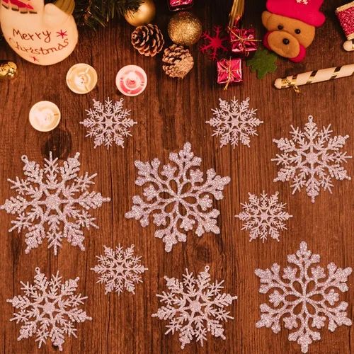 Miniatura 4 de Adornos para Árbol de Navidad en Copos de Nieve - 36 Piezas de Adornos Colgantes de Copo de Nieve de Oro Rosa con Purpurina para Árbol de Navidad