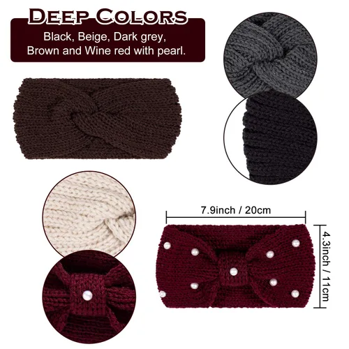 Miniatura 2 de Whaline - 5 diademas tejidas de invierno, diademas mullidas tejidas, 4 envolturas de turbante elásticas y 1 banda de pelo de ganchillo de perla