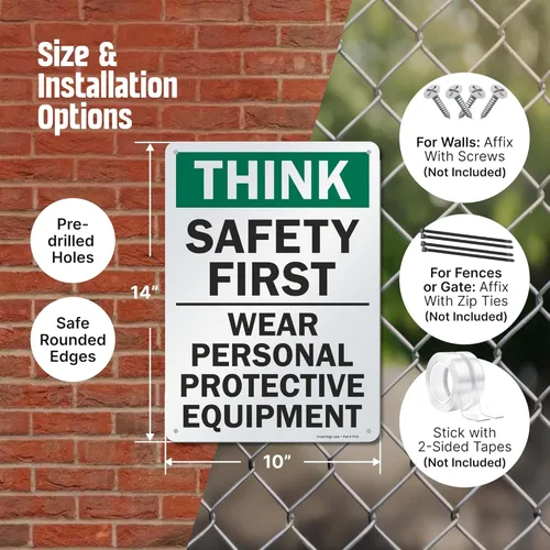 Miniatura 6 de SmartSign - S-2917-AL-14 Letrero "Think Safety First - Use equipo de protección personal" Aluminio de 10" x 14" Aluminio 10" x 14" Aluminio