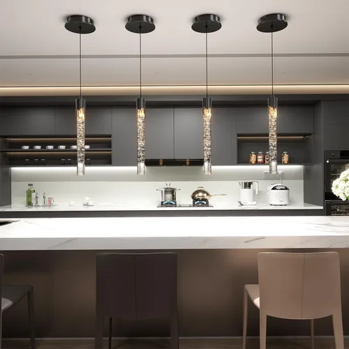Miniatura 5 de Flashing God Luces colgantes negras modernas LED para isla de cocina, mini luz colgante de cristal con luz LED regulable de cristal de burbujas