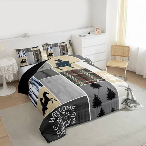 Miniatura 32 de Juego de edredón de oso y ciervo, tamaño individual, ropa de cama de animales salvajes de caza, colcha rústica de cabaña, casa de campo, cuadros