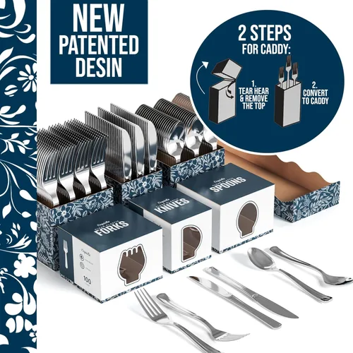 Miniatura 4 de Exquisite Juego de cubiertos de plástico plateado resistente, 300 unidades, para fiestas, soporte para utensilios para encimera de cocina, 100