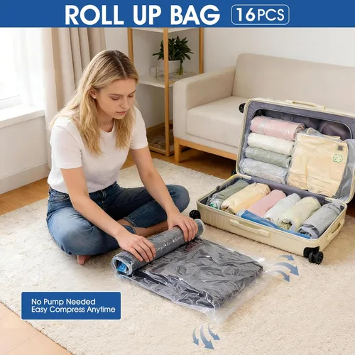 Miniatura 5 de AROIC 50 Bolsas de Almacenamiento al Vacío, 5 Tamaños + 2 Enrollables (8 Cada Una) Bolsas de Sellado al Vacío para Ahorro de Espacio para Ropa con 1