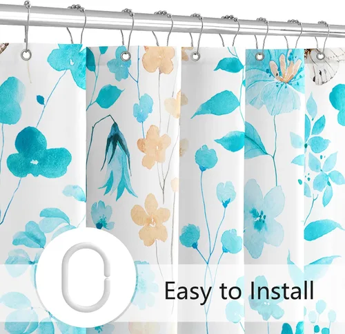 Miniatura 6 de MAYZUS Cortina de ducha con flores azules acuáticas, lindas cortinas de tela con flores para baño, juego de cortinas de tela de aguamarina