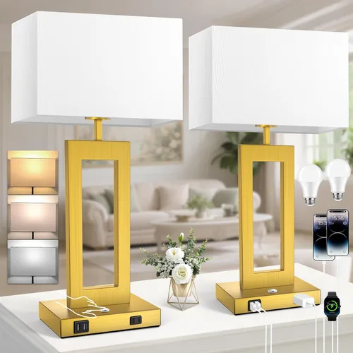 Miniatura 9 de Kondras Juego de 2 lámparas de mesa para dormitorios, 3 temperaturas de color, control táctil, lámparas de noche con 2 puertos USB y salida de CA