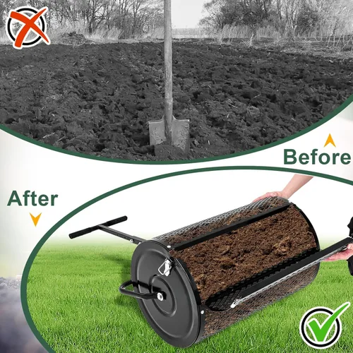 Miniatura 6 de Hiboom Esparcidor de compost de 36 pulgadas, esparcidor de turba y musgo, rodillo de estiércol con mango ajustable en forma de T, malla metálica