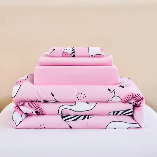 Miniatura 4 de URBONUR Juego de ropa de cama de 4 piezas para niños pequeños - Juego de edredón ultra suave con dibujos animados de animales del zoológico rosa