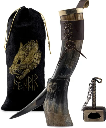 Miniatura 8 de FENRIR Cuerno vikingo para beber con soporte 16 oz – Regalos para hombres, papá, esposo – Taza natural de cuerno de buey con abrebotellas de Thor