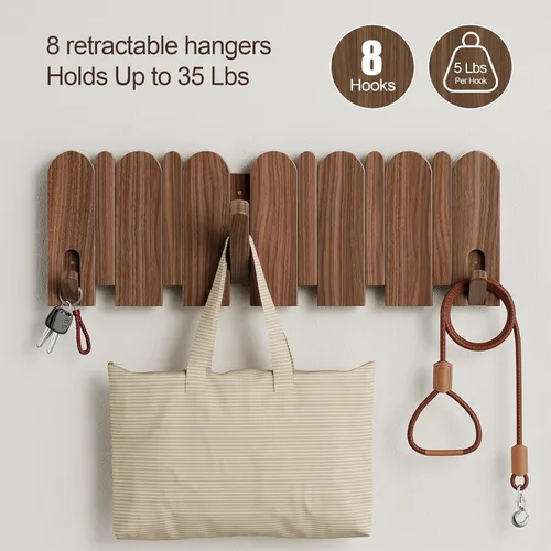 Miniatura 7 de Perchero de madera de nogal, montaje en pared, 16.5 pulgadas, con 8 ganchos retráctiles, ganchos resistentes para colgar abrigos, sombreros