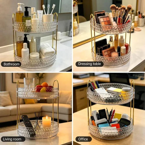 Miniatura 3 de Estante de almacenamiento acrílico giratorio de 360°, organizador de maquillaje de gran capacidad de 2 niveles para encimera de baño y tocador