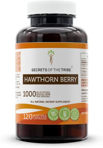 Secrets of the Tribe Hawthorn Berry Cápsulas 1000 mg de espino (Crataegus spp.) Baya seca, suplemento de apoyo cardiovascular (120 cápsulas)