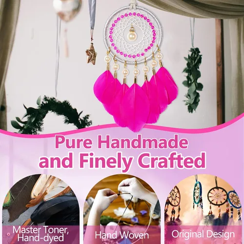 Miniatura 4 de Mini atrapasueños – Pluma de ganso con perla de lujo, cuero natural, pequeño atrapasueños hecho a mano para dormitorio, atrapasueños para niñas, Rosa
