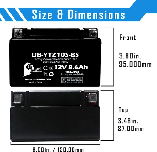 Miniatura 5 de Reemplazo para Yamaha FZ8 800CC 2011 activado de fábrica, sin mantenimiento, batería de motocicleta - 12V, 8.6Ah, UB-YTZ10S-BS