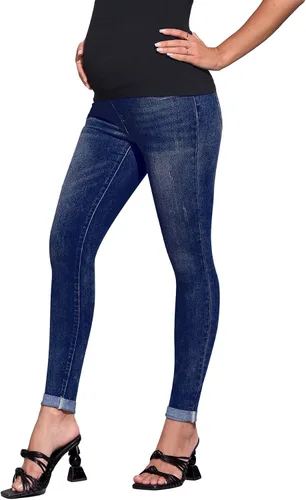Miniatura 3 de Floerns Pantalones de mezclilla de maternidad de cintura alta con dobladillo rasgado, con bolsillo para mujer