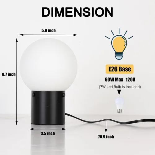 Miniatura 3 de Somniferous Lámpara pequeña de mesa para mesita de noche con pantalla de globo de vidrio esmerilado, lámpara de mesita de noche de estilo moderno
