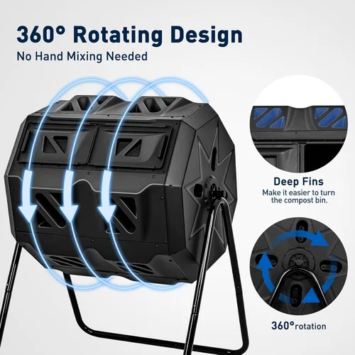 Miniatura 5 de Yesker Contenedor de compostaje de doble cámara para exteriores, compostador giratorio de 43 galones con puertas correderas, montaje rápido