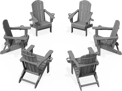 Miniatura 30 de KINGYES Silla plegable Adirondack con portavasos dobles - Sillas de exterior de HDPE para todo clima, silla de patio tipo madera para el patio Negro