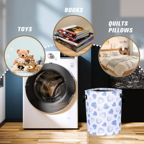 Miniatura 4 de Cesta de lavandería con diseño de corazón azul, divertida bolsa plegable de tela Oxford, cesta de almacenamiento de ropa, organizador para baño