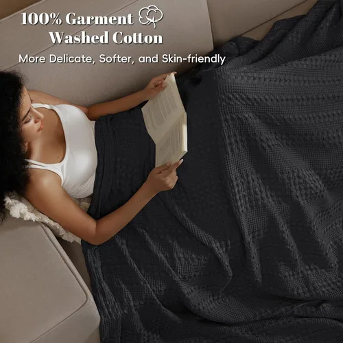 Miniatura 2 de PHF - Manta de punto gofre 100% algodón Queen, suave, ligera, transpirable, acogedora, de verano, para cama, tejida, estética, decoración del hogar