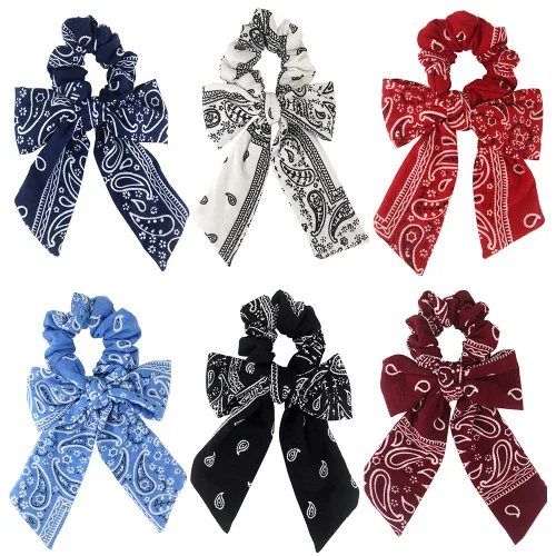 Miniatura 7 de Bufanda para el cabello, coleta de caballo con 6 bufandas, estampado de flores de cachemira, material de gasa, para mujeres y niñas, accesorios