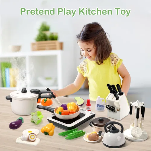 Miniatura 7 de CUTE STONE - Juguete de cocina de juego de roles con olla a presión de vapor y olla a presión y placa de inducción electrónica, utensilios de Blanco