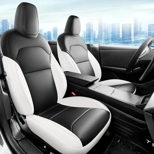 Miniatura 26 de Fundas de Asiento Negras para Tesla Model Y, Funda de Asiento de Coche Tesla de 12 Piezas, Impermeable, Cuero Nappa, Totalmente Envueltas, Negro
