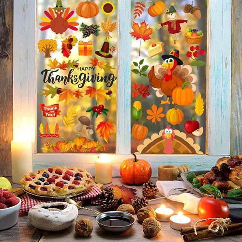 Miniatura 5 de 158 calcomanías de Acción de Gracias para ventana de vidrio, calcomanías de doble cara para ventana de otoño, pavo de otoño, ofertas de decoración