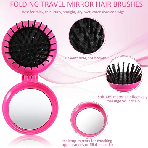 Miniatura 5 de Boao Paquete de 2 Cepillos de Cabello con Espejo de Viaje Plegables Redondos Portátiles Plegables de Bolsillo Mini Peine Compacto de Tamaño de Viaje
