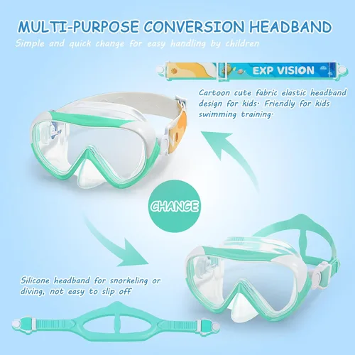 Miniatura 7 de Máscara de natación para niños, gafas de natación para niños de 180° antivaho, a prueba de fugas, con cubierta de nariz y correa de tela para edades