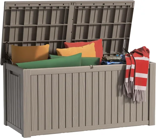 Miniatura 9 de EasyUp Caja de almacenamiento al aire libre de 30 galones, caja de resina para muebles, herramientas de jardín, cajas de almacenamiento exteriores