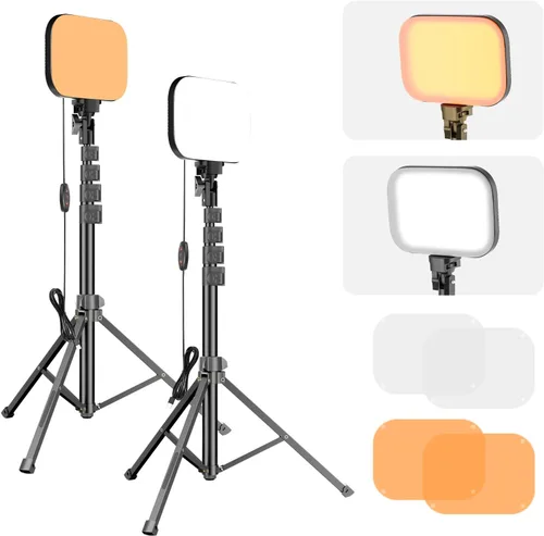 EMART Paquete de 2 luces LED de video, 3000-5500K CRI97+, soporte de trípode de 62 pulgadas y filtros de luz magnéticos, iluminación regulable