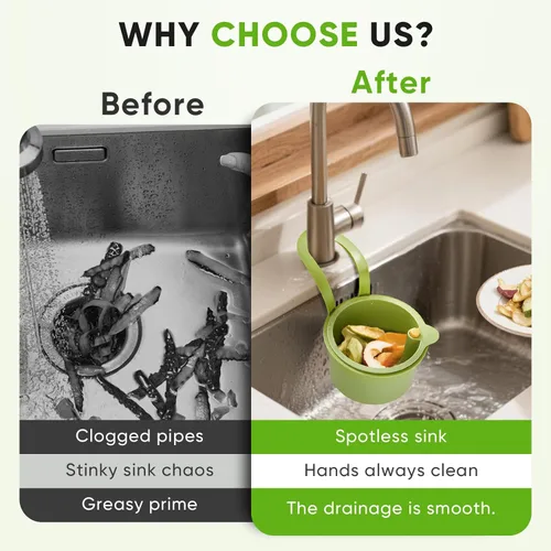 Miniatura 6 de Colador colgante de residuos de alimentos para fregadero, cesta coladora de fregadero con descarga de prensa, diseño autolimpiante, colador de Verde