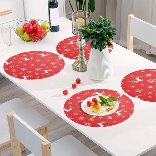 Miniatura 6 de White Reindeer Red Round Placemats, Non Slip Washable Placemats Dining Table for Kitchen Table one sizex4