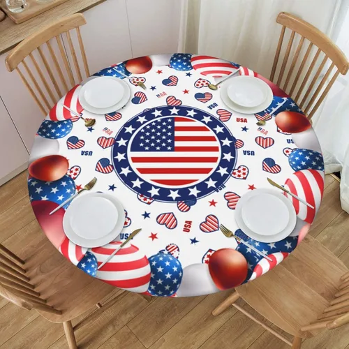 Mantel Redondo con Bandera Estadounidense del 4 de Julio Cubierta de Mesa Elástica Ajustada Manteles Lavables con Borde Elástico para Cocina Comedor