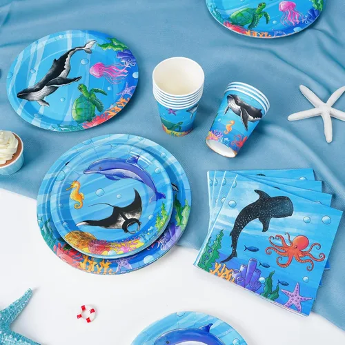 Miniatura 6 de WERNNSAI Decoraciones de fiesta de cumpleaños del océano, 64 platos y servilletas de tiburón, tazas bajo el mar, decoraciones de cumpleaños