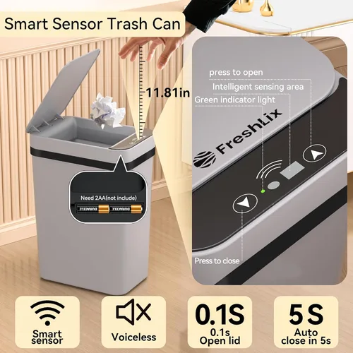 Miniatura 3 de FRESHLIX - Juego de 3 cubos de basura para baño de 10 litros, pequeños cubos de basura automáticos sin contacto con sensor de movimiento, delgados