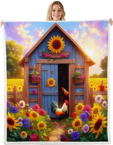 Miniatura 6 de Rustic Farmhouse Style Sherpa Blanket Retro Barn Truck Flannel Fleece Throw Blanket 40"x50" for Sofa Couch Country Daisy Flowers Ultra Soft Bed Blue