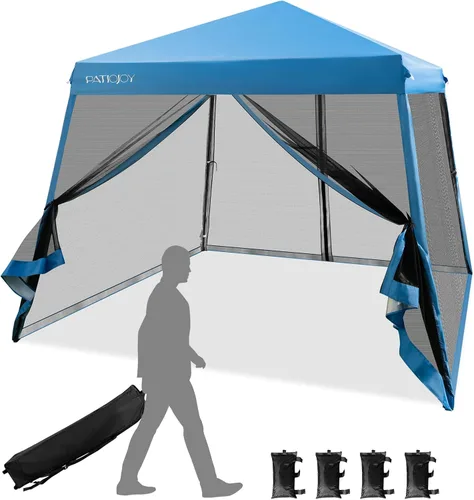 Miniatura 10 de Tangkula Toldo desplegable de 10 x 10 pies con red, toldo de pierna inclinada para exteriores con bolsa enrollable, 4 bolsas de arena, 8 estacas, 4