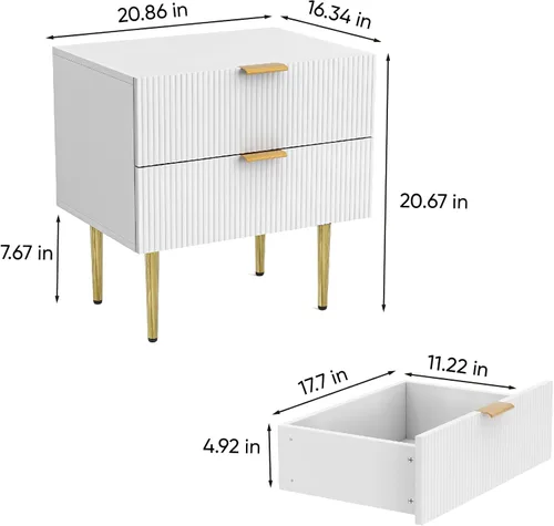 Miniatura 2 de Mesita de noche blanca para dormitorio, juego de 2 mesitas de noche acanaladas, mesa de noche moderna de mediados de siglo con patas de metal dorado
