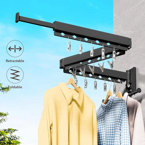 Miniatura 3 de ZdwCyl Percha de ropa montada en la pared, estante de secado de ropa de aluminio, ahorro de espacio, retráctil, agujeros a prueba de viento