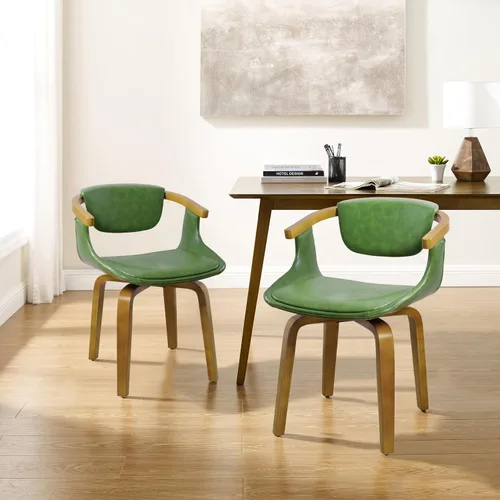 Miniatura 8 de Zouron Silla de escritorio sin ruedas, moderna silla de oficina de madera, silla de cuero sintético con brazo para sala de estar, dormitorio