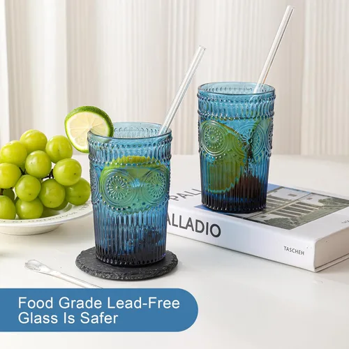 Miniatura 4 de ZMOWIPDL Juego de 6 vasos de cristal vintage para beber, 13 onzas, diseño de flores texturizadas azules, vasos de agua con rayas en relieve