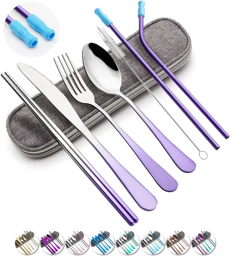 Miniatura 12 de Juego de utensilios de viaje con estuche, juego de cubiertos portátiles reutilizables de acero inoxidable, 8 piezas, incluyendo cuchillo de cena