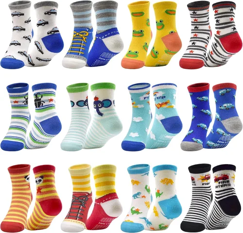 SkiBeaut Calcetines antideslizantes para niños y niñas de 1 a 7 años, 12 pares de calcetines para niños y niñas
