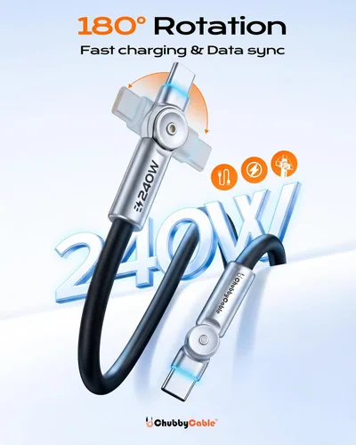 Miniatura 2 de chubbycable Chubby RotateX - Cable de carga rápida giratorio de 240 W, doble 180°, con luz LED, cable USB C de silicona suave, cable de carga extra