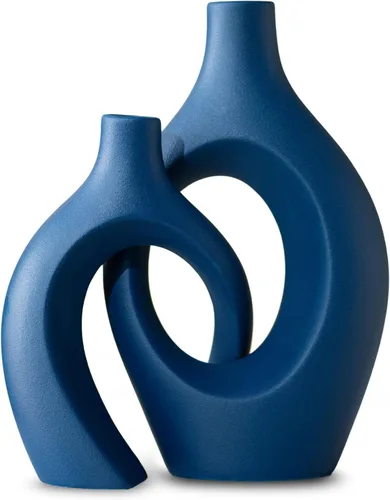 Miniatura 7 de Levvohd Juego de 2 Jarrones de Cerámica Negra XL para Decoración Moderna del Hogar, Jarrones Redondos Neutros Boho Donut de Hierba de las Pampas